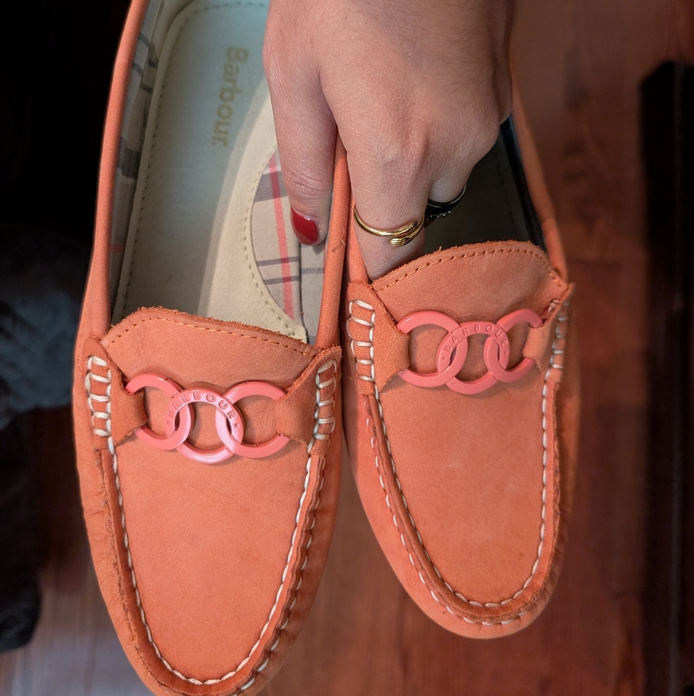 Barbour Light Orange/Pink Loafers with Chain Accent